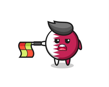 Çizgi hakimi olarak Katar bayrak rozeti karakteri bayrağı yatay tutun, tişört, etiket, logo ögesi için şirin bir tasarım yapın