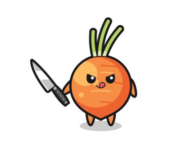 Şirin havuç maskotu elinde bıçak tutan bir psikopat tişört, çıkartma ve logo için şirin bir tasarım.