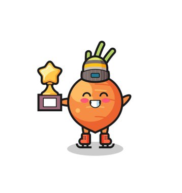 Bir buz patencisi olarak havuç çizgi filmi. Kazanan kupa, tişört, etiket, logo elementi için şirin bir tasarım.