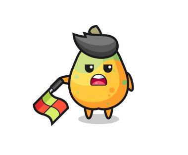 Papaya karakteri çizgi hakemi olarak bayrağı 45 derecelik açıyla aşağıda tut, tişört, çıkartma, logo elementi için şirin bir tasarım.