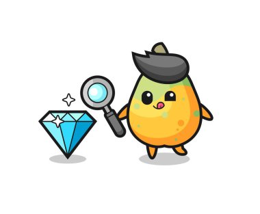 Papaya maskotu elmasın orijinalliğini kontrol ediyor. Tişört, çıkartma, logo elementi için şirin bir tasarım.