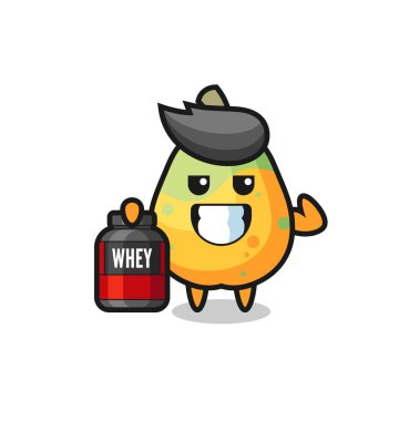Kas papaya karakteri bir protein takviyesi tutuyor. Tişört, çıkartma, logo elementi için şirin bir tasarım.