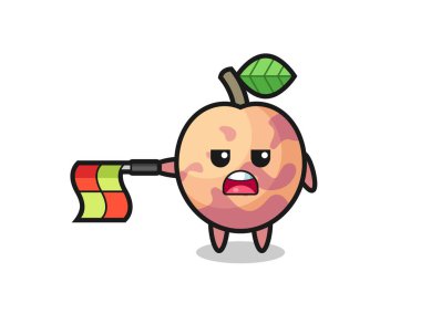 çizgi hakemi olarak pluot meyve karakteri bayrağı yatay tutun, tişört, etiket, logo ögesi için şirin tasarım