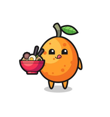 Erişte yiyen sevimli kumkatlı karakter, tişört, çıkartma, logo elementi için şirin tasarım.