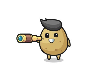 Şirin patates karakteri eski bir teleskop tutuyor. Tişört, çıkartma, logo elementi için şirin bir tasarım.