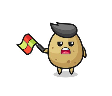 Patates çizgi filmi jürisi bayrağı 45 derecelik açıyla kaldırıyor. Tişört, çıkartma, logo elementi için şirin bir tasarım.