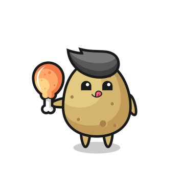 Patates maskotu kızarmış tavuk yiyor. Tişört, çıkartma ve logo için şirin bir tasarım.