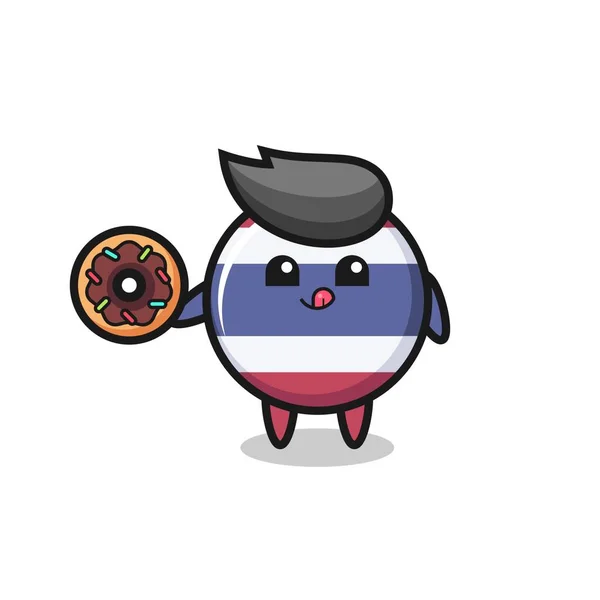 Illust Personagem Emblema Bandeira Tailandesa Comendo Donut Design Estilo Bonito — Vetor de Stock