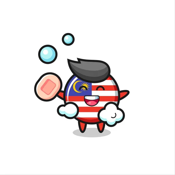 Malaysia Vlag Badge Karakter Het Baden Met Zeep Leuke Stijl — Stockvector