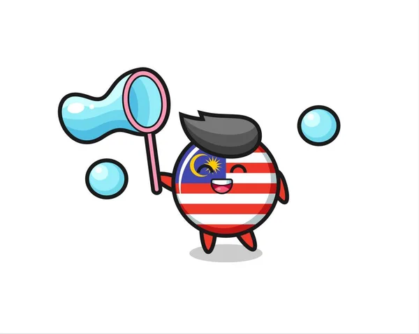 Щасливий Значок Прапора Малайзії Мультфільм Грає Мильну Бульбашку Милий Дизайн — стоковий вектор