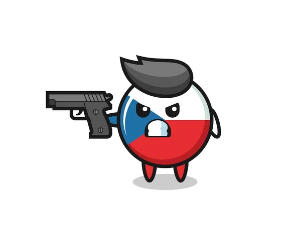 Bandera Checa Lindo Personaje Insignia Disparar Con Una Pistola Diseño — Vector de stock