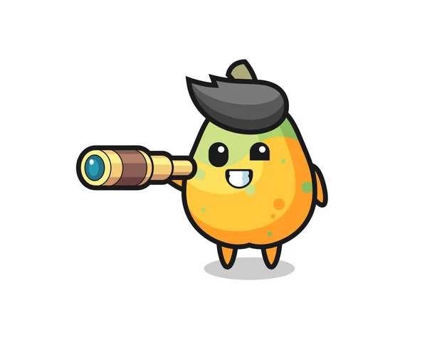 Cute Charakter Papaya Jest Trzymając Stary Teleskop Ładny Projekt Stylu — Wektor stockowy