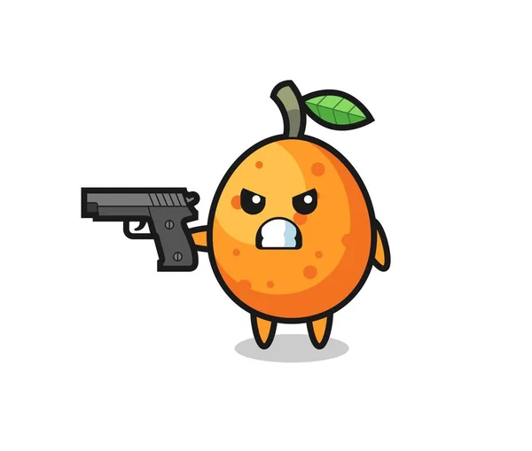 Personagem Kumquat Bonito Atirar Com Uma Arma Design Estilo Bonito — Vetor de Stock