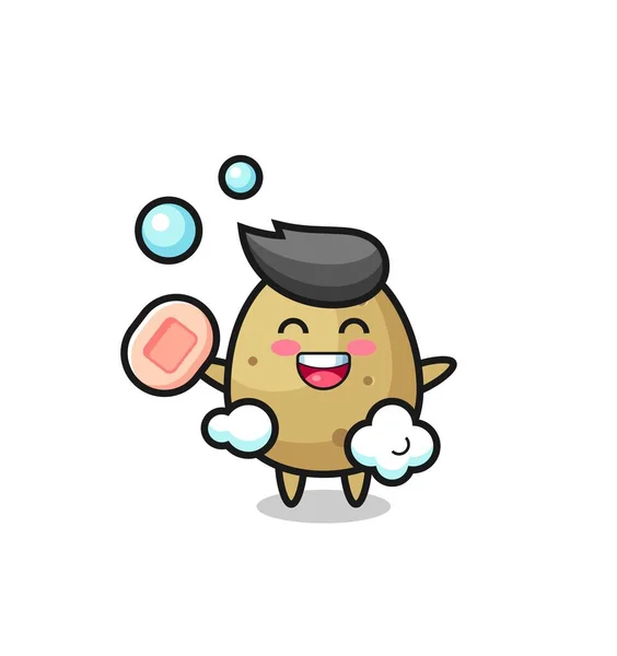 Patates Karakteri Elinde Sabun Tutarken Banyo Yapıyor Tişört Çıkartma Logo — Stok Vektör