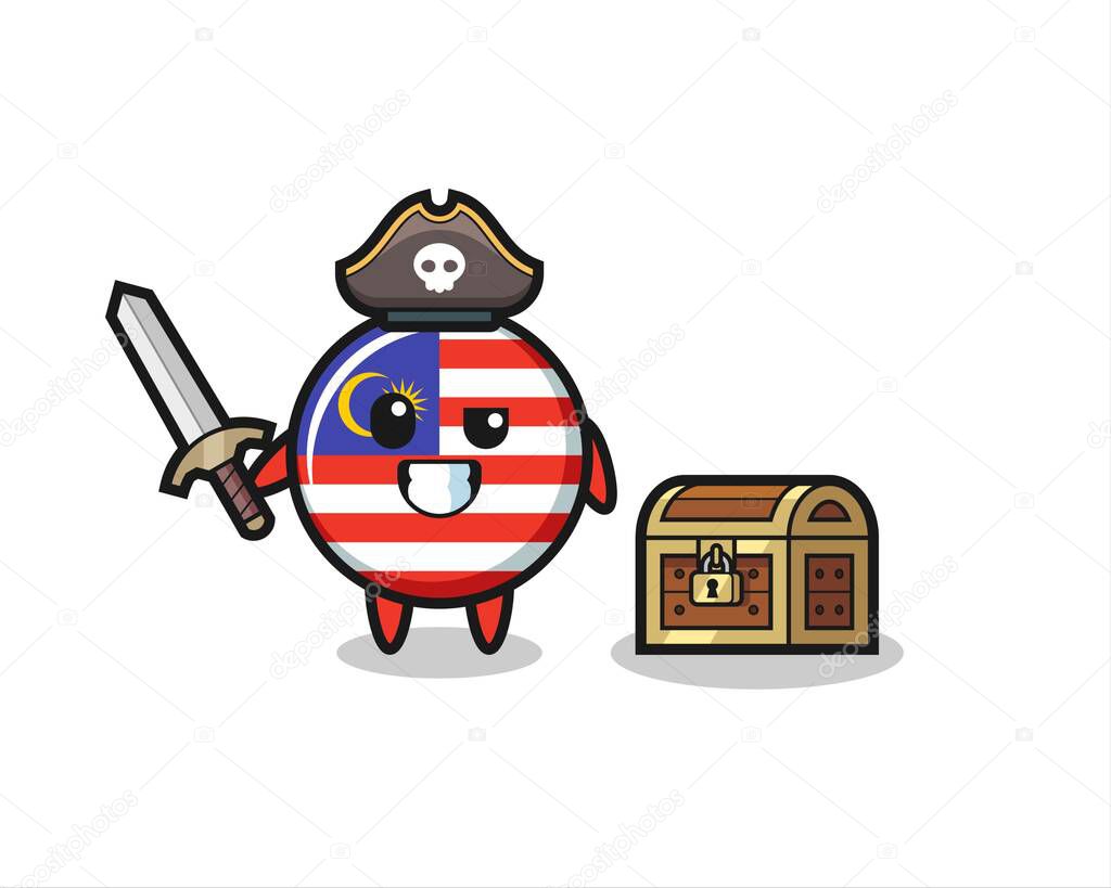 the malaysia flag badge pirate character holding sword beside a treasure box , cute style design for t shirt, sticker, logo element