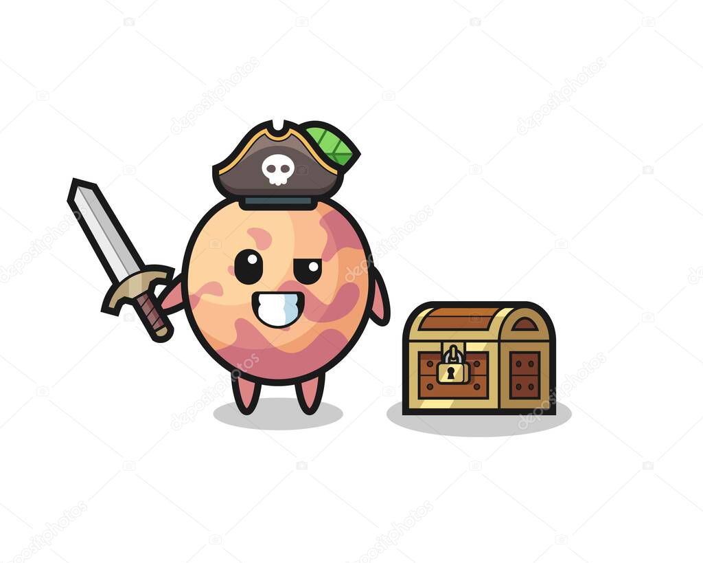 the pluot fruit pirate character holding sword beside a treasure box , cute style design for t shirt, sticker, logo element
