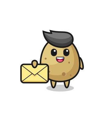 Patatesin sarı bir harf taşıdığı karikatür çizimi, tişört, çıkartma, logo elementi için şirin bir tasarım.