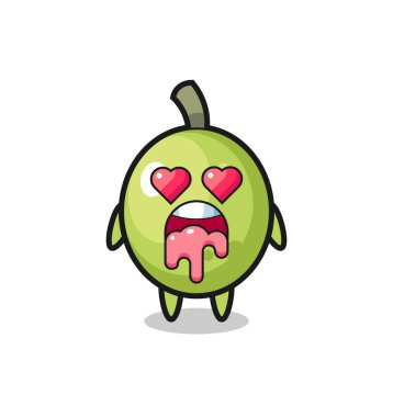 Sevimli bir zeytinin aşık olma ifadesi kalp şeklinde gözleri, tişört, çıkartma, logo elementi için şirin bir tasarım.