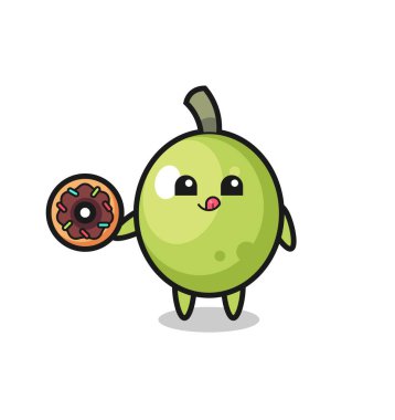 Tişört, etiket, logo elementi için tatlı bir tasarım olan donut yiyen zeytin karakterinin çizimi