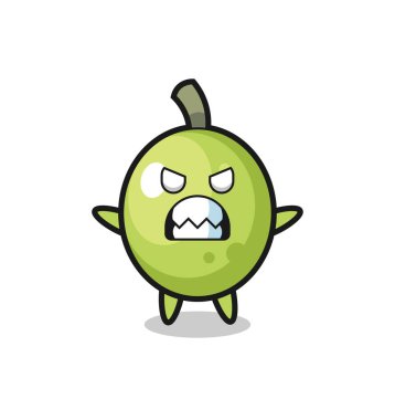 Zeytin maskotu karakterinin öfkeli ifadesi, tişört, çıkartma, logo elementi için şirin tasarım