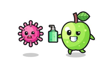 Yeşil elma karakterinin el dezenfektanı ile kötü virüsü kovalamasının resmi. Tişört, çıkartma, logo elementi için şirin bir tasarım.