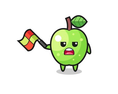 Çizgi film yargıcı olarak yeşil elma çizgi filmi bayrağı 45 derecelik açıyla kaldırın, tişört, çıkartma, logo elementi için şirin bir tasarım.