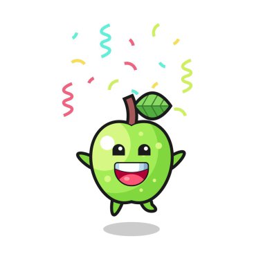 Renkli konfetilerle tebrik etmek için yeşil elma maskotu atlaması tişört, çıkartma, logo elementi için şirin bir tasarım.
