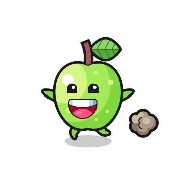 Koşu pozlu mutlu yeşil elma çizgi filmi, tişört, etiket, logo elementi için şirin bir tasarım.
