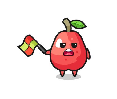 su elması çizgi filmi çizgi film yargıcı bayrağı 45 derecelik açıyla kaldırır, tişört, çıkartma, logo elementi için şirin bir tasarım yapar.