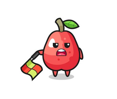 su elması karakteri çizgi hakemi olarak bayrağı 45 derecelik açıyla aşağıda tut, tişört, etiket, logo elementi için şirin bir tasarım.