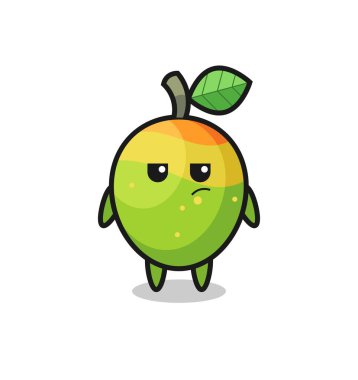 Tişört, etiket, logo ögesi için şirin bir tasarım, şüpheli ifadeli sevimli mango karakteri.