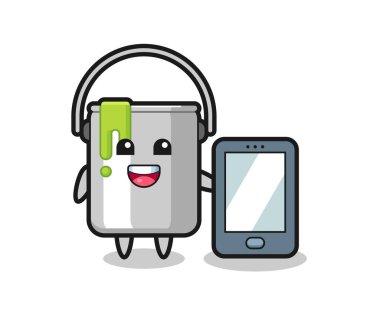 Akıllı telefon taşıyan boya kutusu çizimi tişört, çıkartma, logo elementi için şirin bir tasarım.