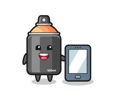 Akıllı telefon taşıyan sprey boyalı karikatür tişört, etiket, logo elementi için şirin bir tasarım.