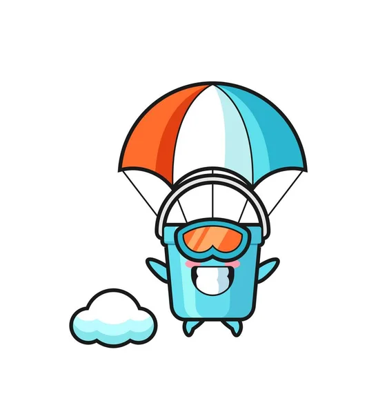 Πλαστικό Κουβά Μασκότ Κινουμένων Σχεδίων Είναι Skydiving Χαρούμενη Χειρονομία Χαριτωμένο — Διανυσματικό Αρχείο