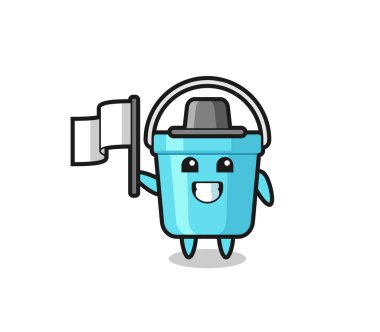 Elinde bayrak tutan plastik kovanın çizgi film karakteri, tişört, çıkartma, logo elementi için şirin bir tasarım.