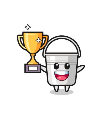 Metal kovanın çizgi film tasviri altın kupayı kaldırmaktan mutlu, tişört, çıkartma, logo elementi için şirin bir tasarım.