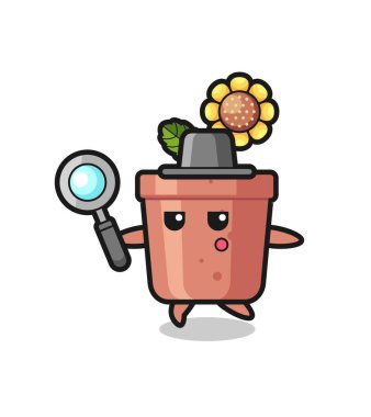 ayçiçeği saksısı çizgi film karakteri büyüteçle arıyor, tişört, çıkartma, logo elementi için şirin bir tasarım.