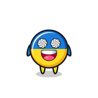 Sevimli Ukrayna bayrak rozeti karakteri hipnotize edilmiş gözler, tişört, çıkartma, logo elementi için şirin bir tasarım