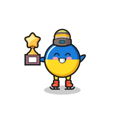 Ukrayna bayrak rozeti karikatürü. Buz patencisi. Kazanan kupa, tişört, çıkartma, logo elementi için şirin bir tasarım.