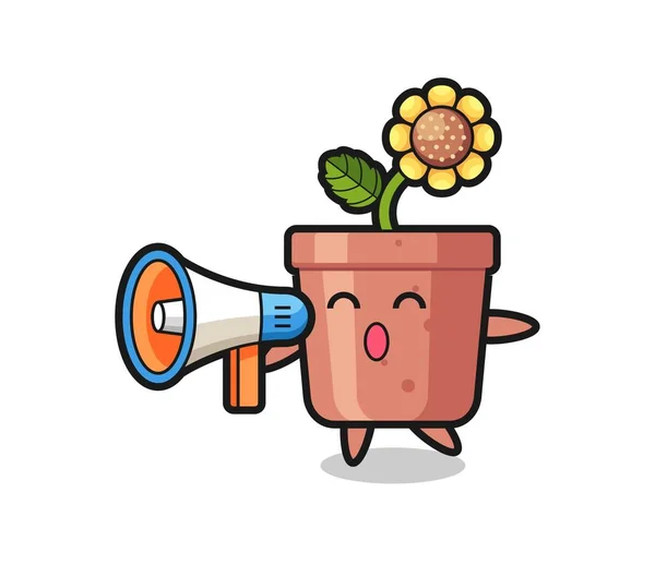 Zonnebloem Pot Karakter Illustratie Met Een Megafoon Leuke Stijl Ontwerp — Stockvector