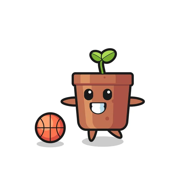 Мультфильм Растении Игра Баскетбол Симпатичный Дизайн Футболки Стикер Элемент Логотипа — стоковый вектор
