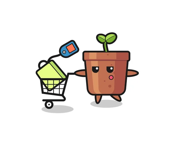 ショッピングカート付き植物ポットイラスト漫画 Tシャツ ステッカー ロゴ要素のためのかわいいスタイルのデザイン — ストックベクタ