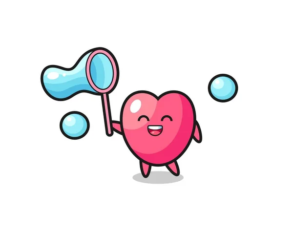 Счастливый Символ Сердца Мультфильм Играющий Мыльный Пузырь Милый Дизайн Стиля — стоковый вектор
