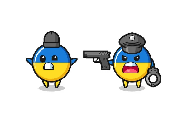 Illust Ladrão Crachá Bandeira Ucraniana Com Mãos Para Cima Pose —  Vetores de Stock