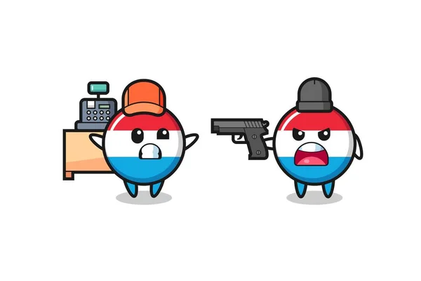 Illust Cute Luxembourg Flag Badge Cashier Pointed Gun Robber Cute — Vector de stock