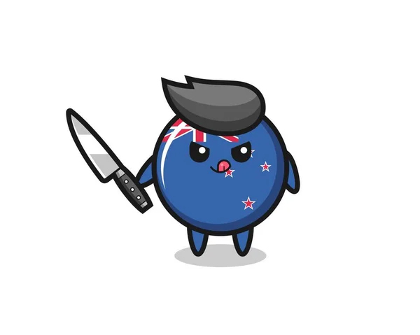 Słodkie Nowa Zelandia Flaga Odznaka Maskotka Jako Psychopata Gospodarstwa Nóż — Wektor stockowy