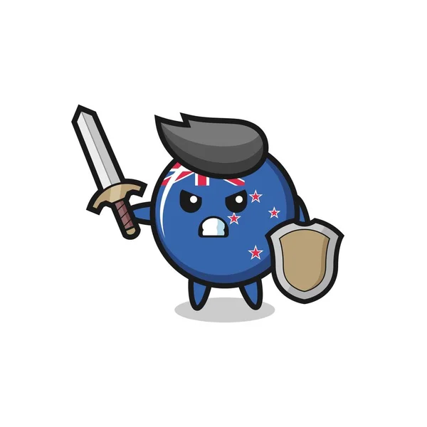 Cute Nowa Zelandia Flaga Odznaka Żołnierz Walki Mieczem Tarczą Ładny — Wektor stockowy