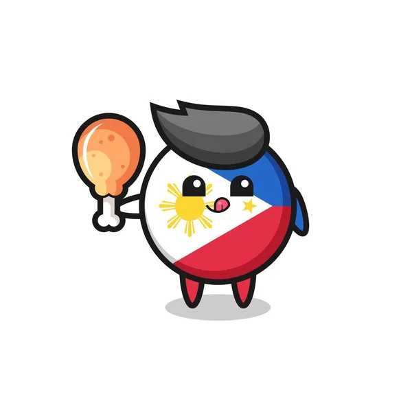 Philippines Drapeau Badge Mascotte Mignonne Mange Poulet Frit Conception Style — Image vectorielle