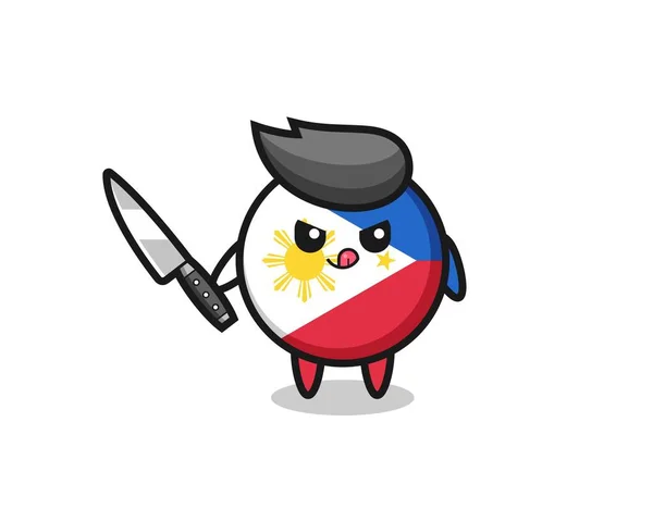 Cute Philippines Flag Badge Mascot Psychopath Holding Knife Cute Style — Stock Vector