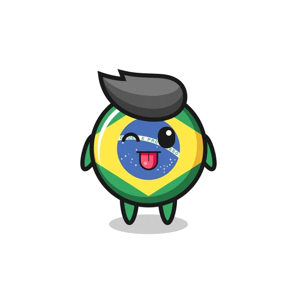 Mignon Drapeau Brésilien Personnage Badge Dans Expression Douce Tout Sortant — Image vectorielle